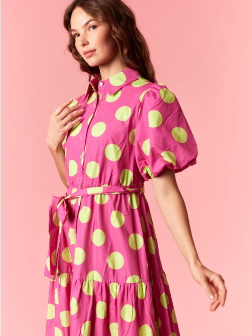 NWT PINK POLKA DOT COTTON POPLIN PRINTED PUFF SLEEVE MAXI DRESS POCKETS - Picture 8 of 9